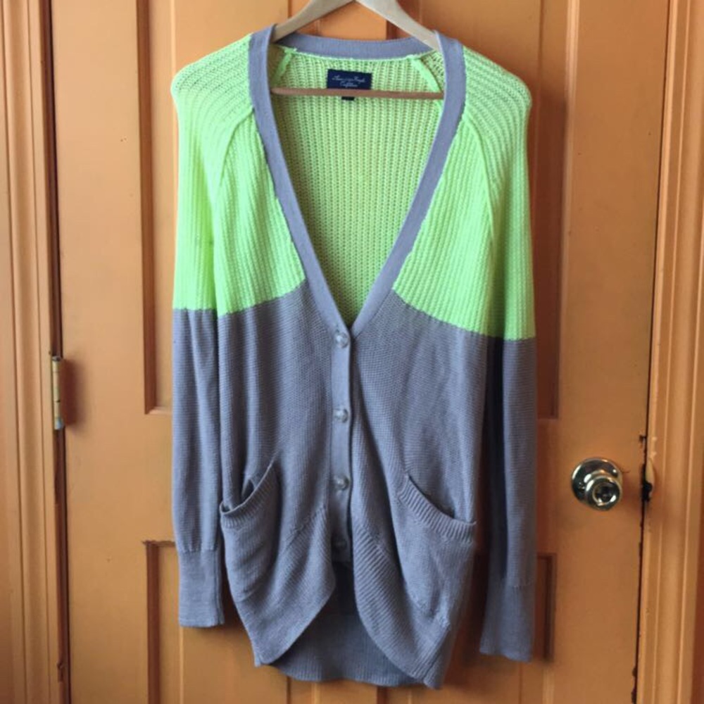 American Eagle beige and neon yellow sweater
